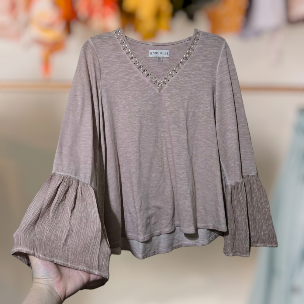 Cream Bell Sleeve Blouse with Ruffled Details